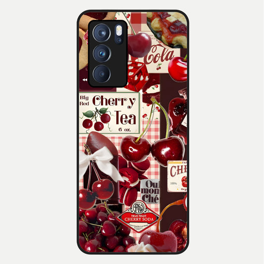  Aesthetic Cherry Tea Glass Case For Oppo Reno 6 Pro back cover – full design glossy printed glass finish