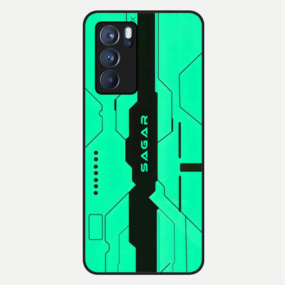  Aqua Tech CYBERPUNK Custom Name Glass Case For Oppo Reno 6 Pro back cover – full design glossy printed glass finish