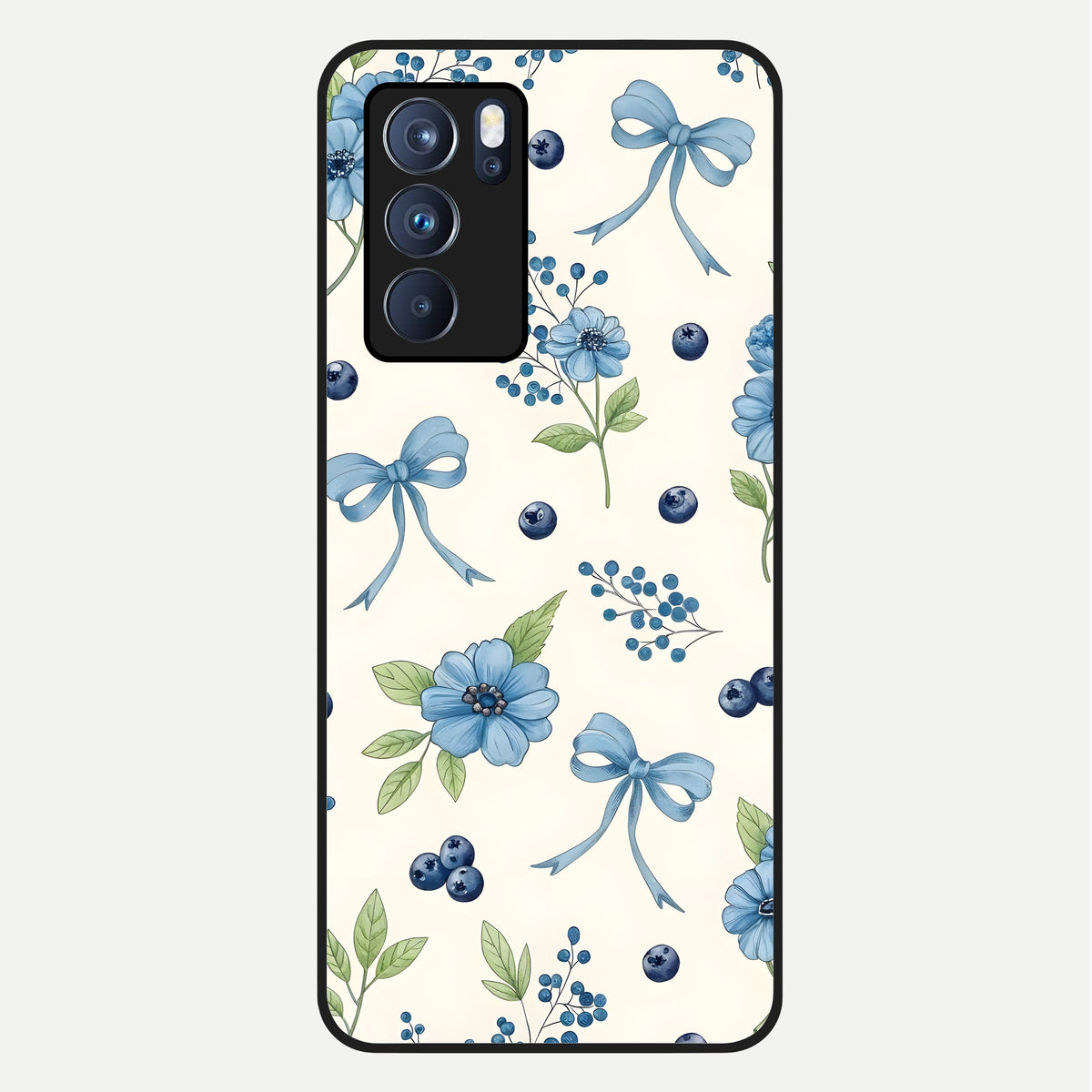  Blue Flower And Bow Glass Case For Oppo Reno 6 Pro back cover – full design glossy printed glass finish