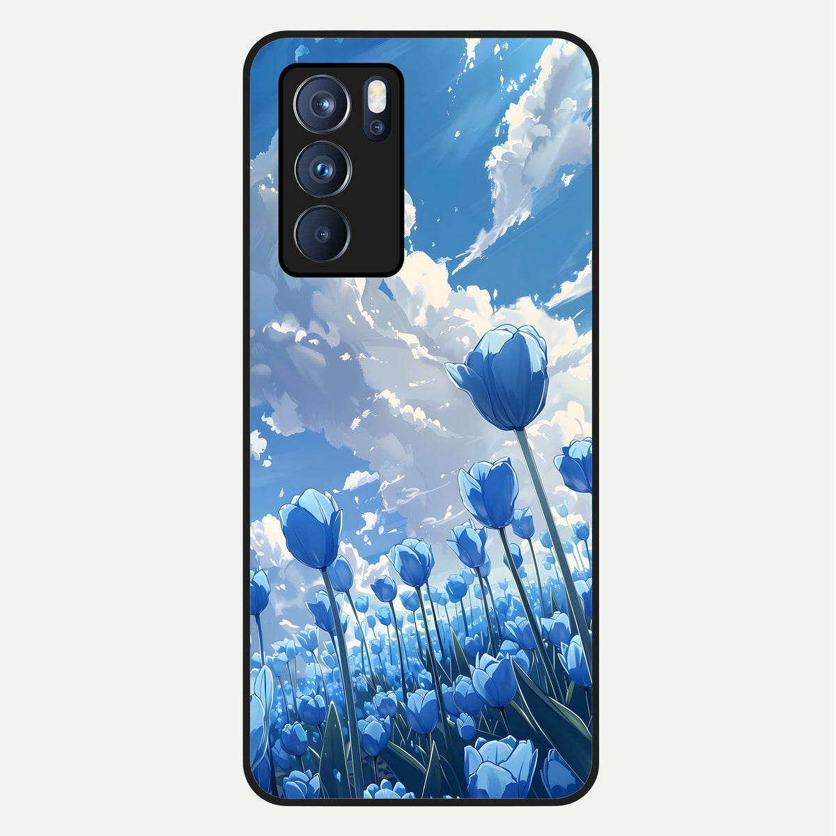  Blue Tulip Clouds Glass Case For Oppo Reno 6 Pro back cover – full design glossy printed glass finish