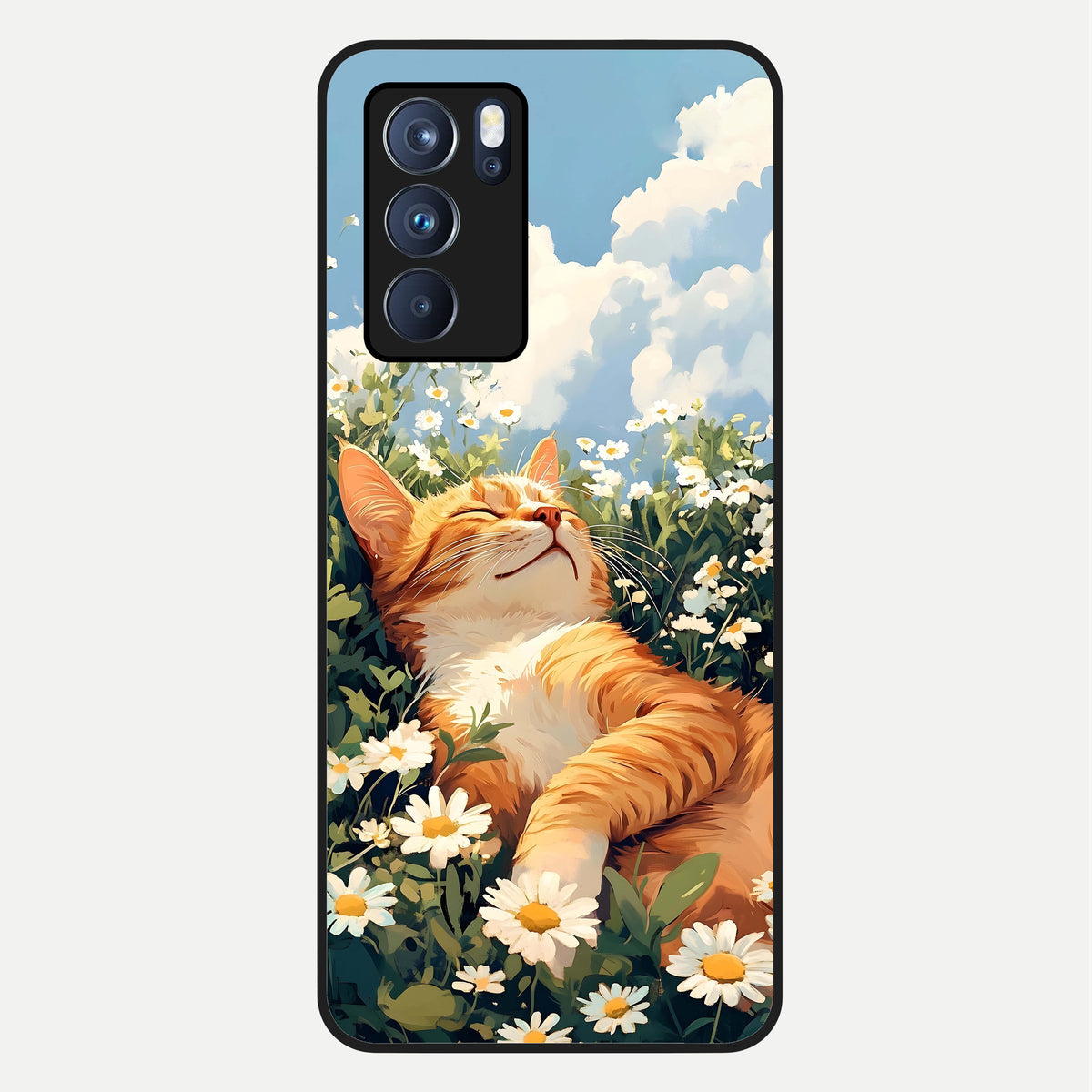  Cat And Flowers View Glass Case For Oppo Reno 6 Pro back cover – full design glossy printed glass finish