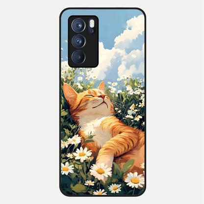  Cat And Flowers View Glass Case For Oppo Reno 6 Pro back cover – full design glossy printed glass finish