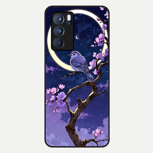  Celestial Bird Blossom Glass Case For Oppo Reno 6 Pro back cover – full design glossy printed glass finish