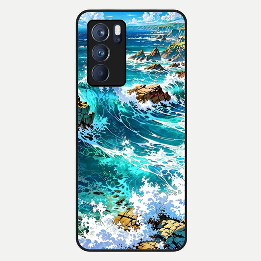  Coastal Blue Waves Glass Case For Oppo Reno 6 Pro back cover – full design glossy printed glass finish