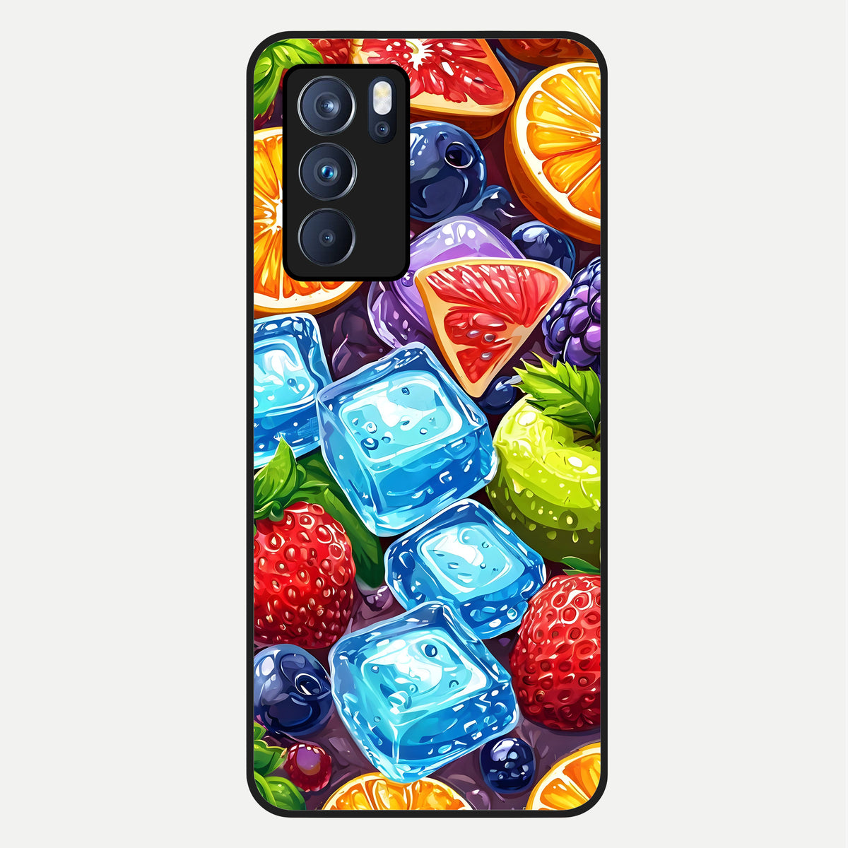  Colorful Fruits with Ice Glass Case For Oppo Reno 6 Pro back cover – full design glossy printed glass finish