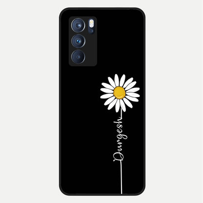  Custom Name White Flower Glass Case For Oppo Reno 6 Pro back cover – full design glossy printed glass finish