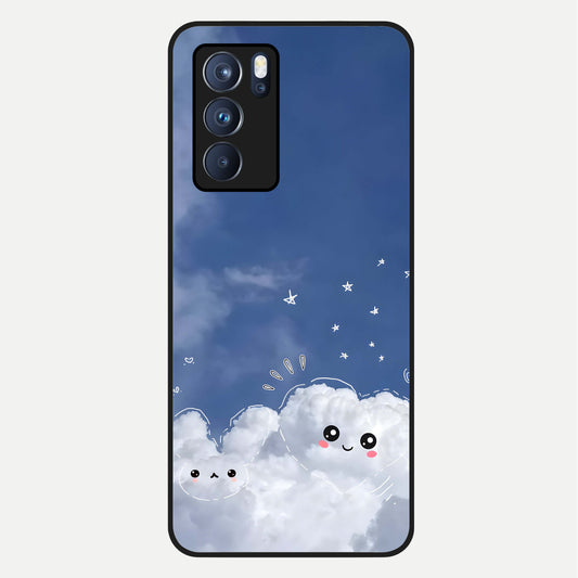  Cute Blossom Cloud Glass Case For Oppo Reno 6 Pro back cover – full design glossy printed glass finish
