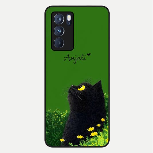  Emerald Cat Custom Name Glass Case For Oppo Reno 6 Pro back cover – full design glossy printed glass finish
