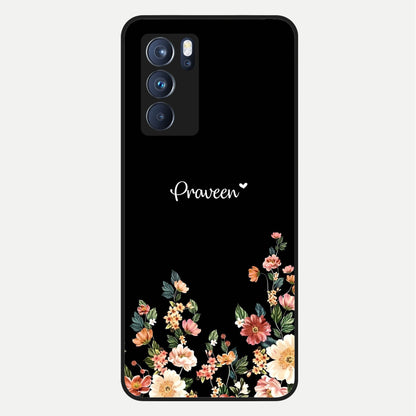  Floral Design Personalized Custom Name Glass Case For Oppo Reno 6 Pro back cover – full design glossy printed glass finish