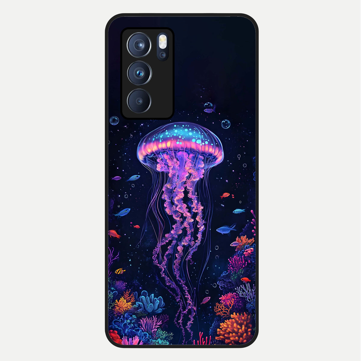  Neon Jellyfish Glass Case For Oppo Reno 6 Pro back cover – full design glossy printed glass finish