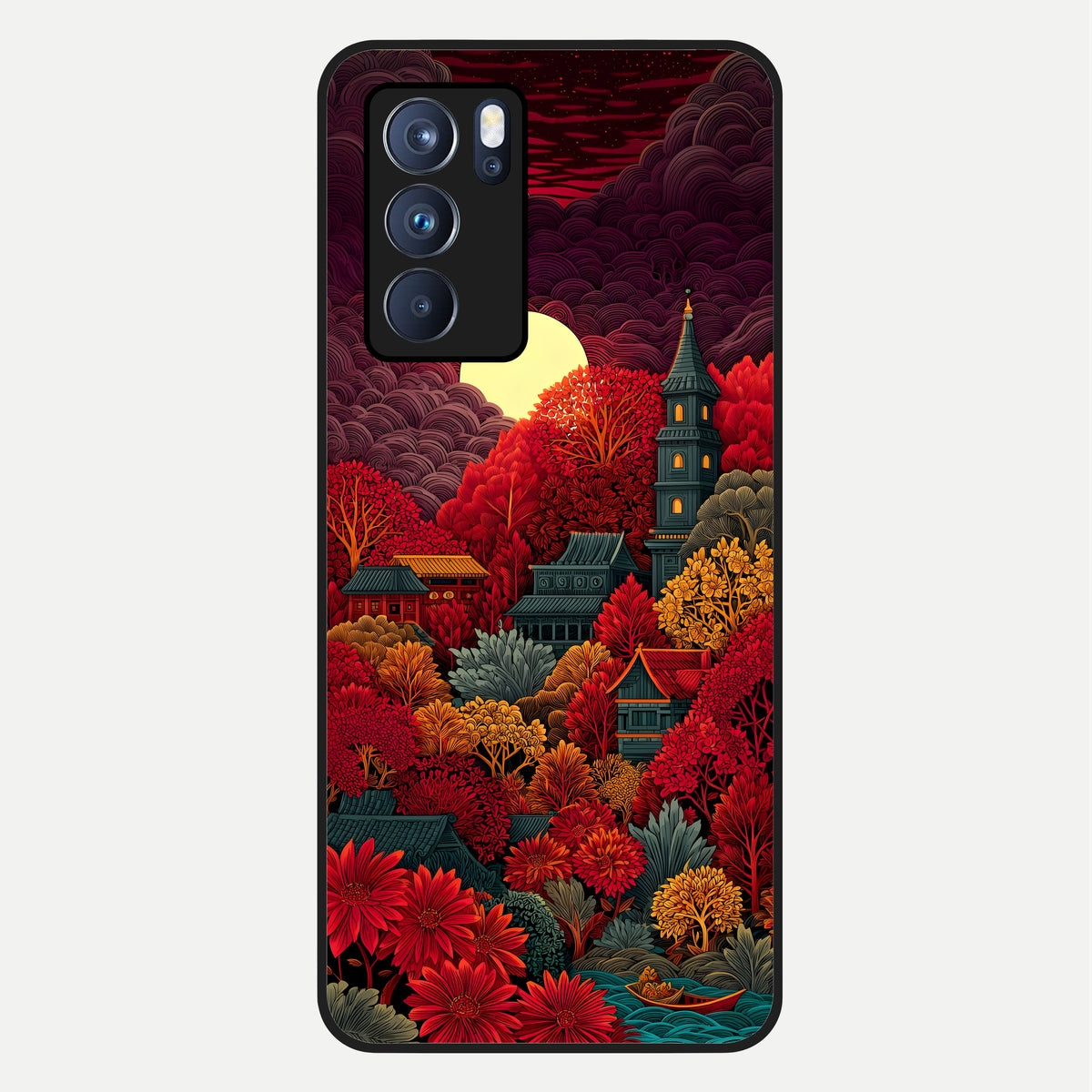 Scarlet Autumn Temple Glass Case For Oppo Reno 6 Pro back cover – full design glossy printed glass finish