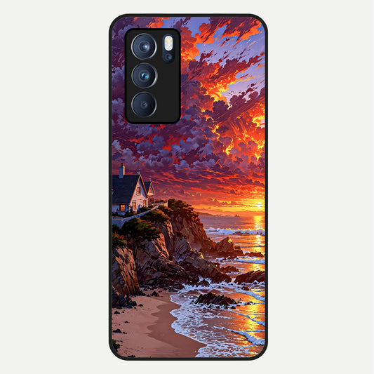  Sunset House By Sea Glass Case For Oppo Reno 6 Pro back cover – full design glossy printed glass finish