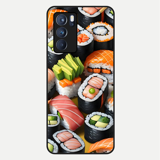  Sushi Food Pattern Glass Case For Oppo Reno 6 Pro back cover – full design glossy printed glass finish