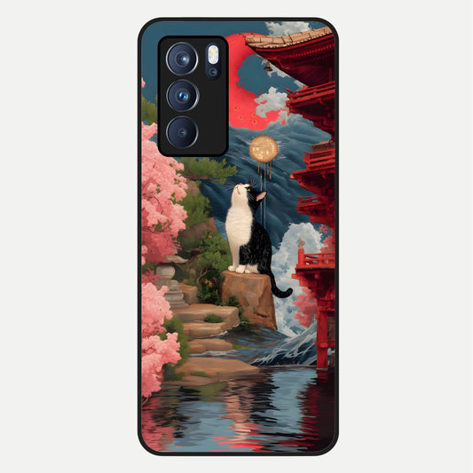  Temple Cat Scenery Glass Case For Oppo Reno 6 Pro back cover – full design glossy printed glass finish