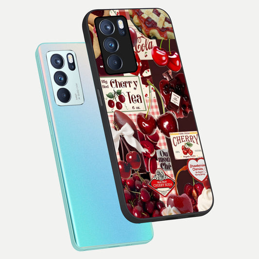 Aesthetic Cherry Tea phone case For Oppo Reno 6 Pro showing premium glass back cover with detailed artwork