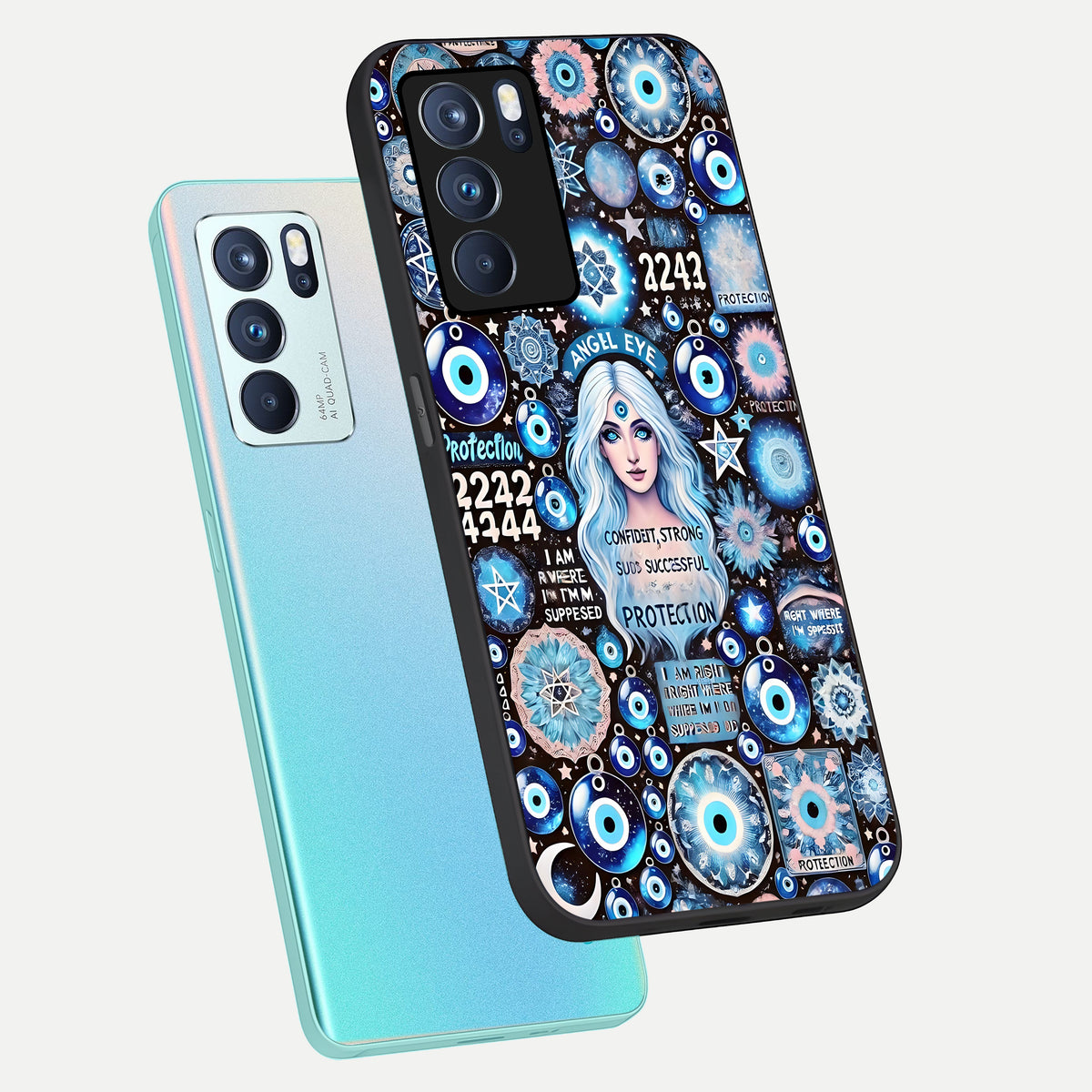  Angel Aura Shield phone case For Oppo Reno 6 Pro showing premium glass back cover with detailed artwork