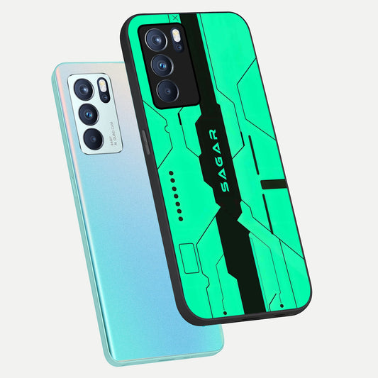  Aqua Tech CYBERPUNK Custom Name phone case For Oppo Reno 6 Pro showing premium glass back cover with detailed artwork