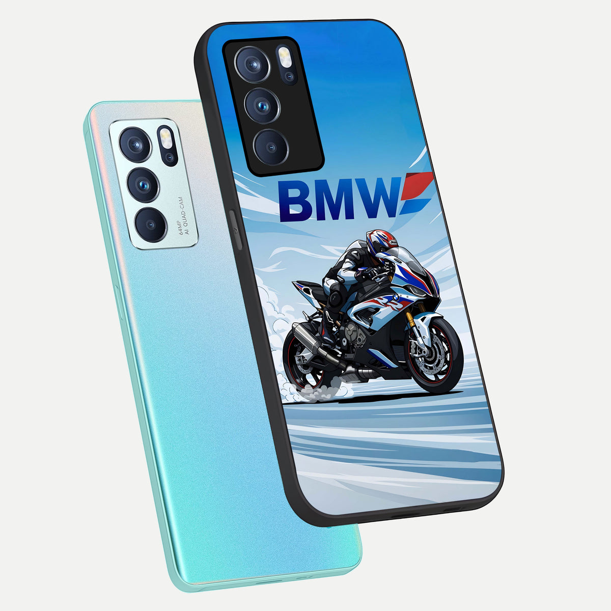  BMW Power Drift phone case For Oppo Reno 6 Pro showing premium glass back cover with detailed artwork
