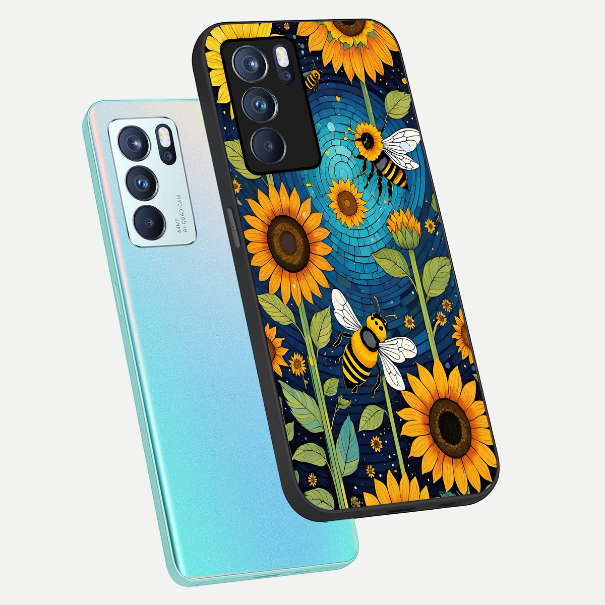  Bees And Sunflowers phone case For Oppo Reno 6 Pro showing premium glass back cover with detailed artwork