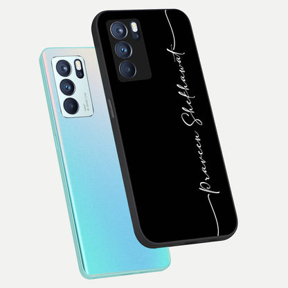  Black Tune Custom Name phone case For Oppo Reno 6 Pro showing premium glass back cover with detailed artwork