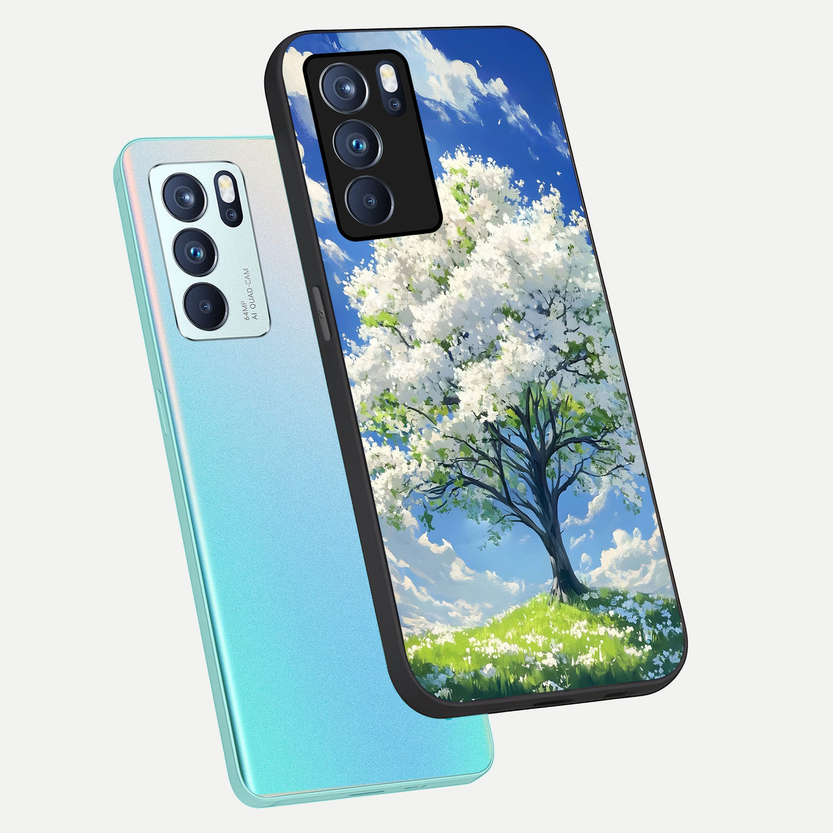  Blossom Sky Serenity phone case For Oppo Reno 6 Pro showing premium glass back cover with detailed artwork
