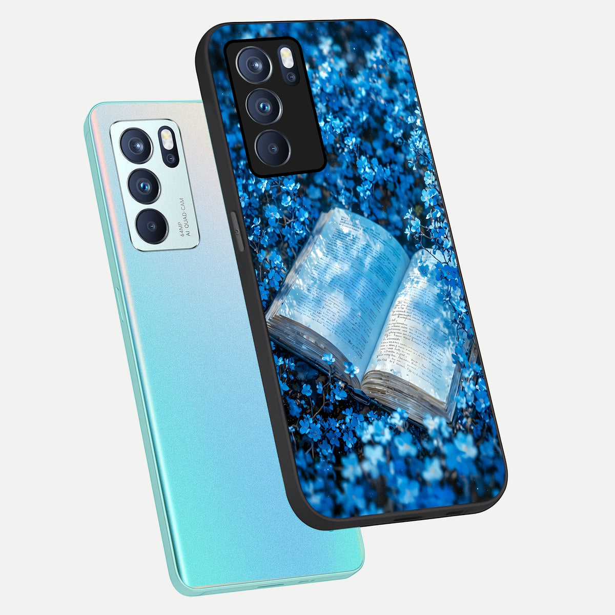  Blue Bloom Tales phone case For Oppo Reno 6 Pro showing premium glass back cover with detailed artwork