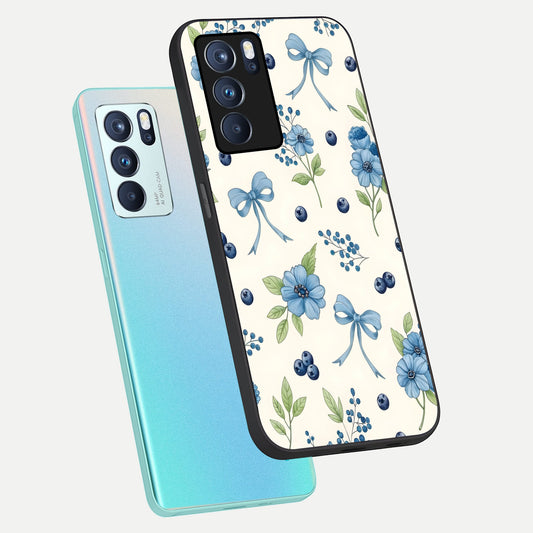  Blue Flower And Bow phone case For Oppo Reno 6 Pro showing premium glass back cover with detailed artwork