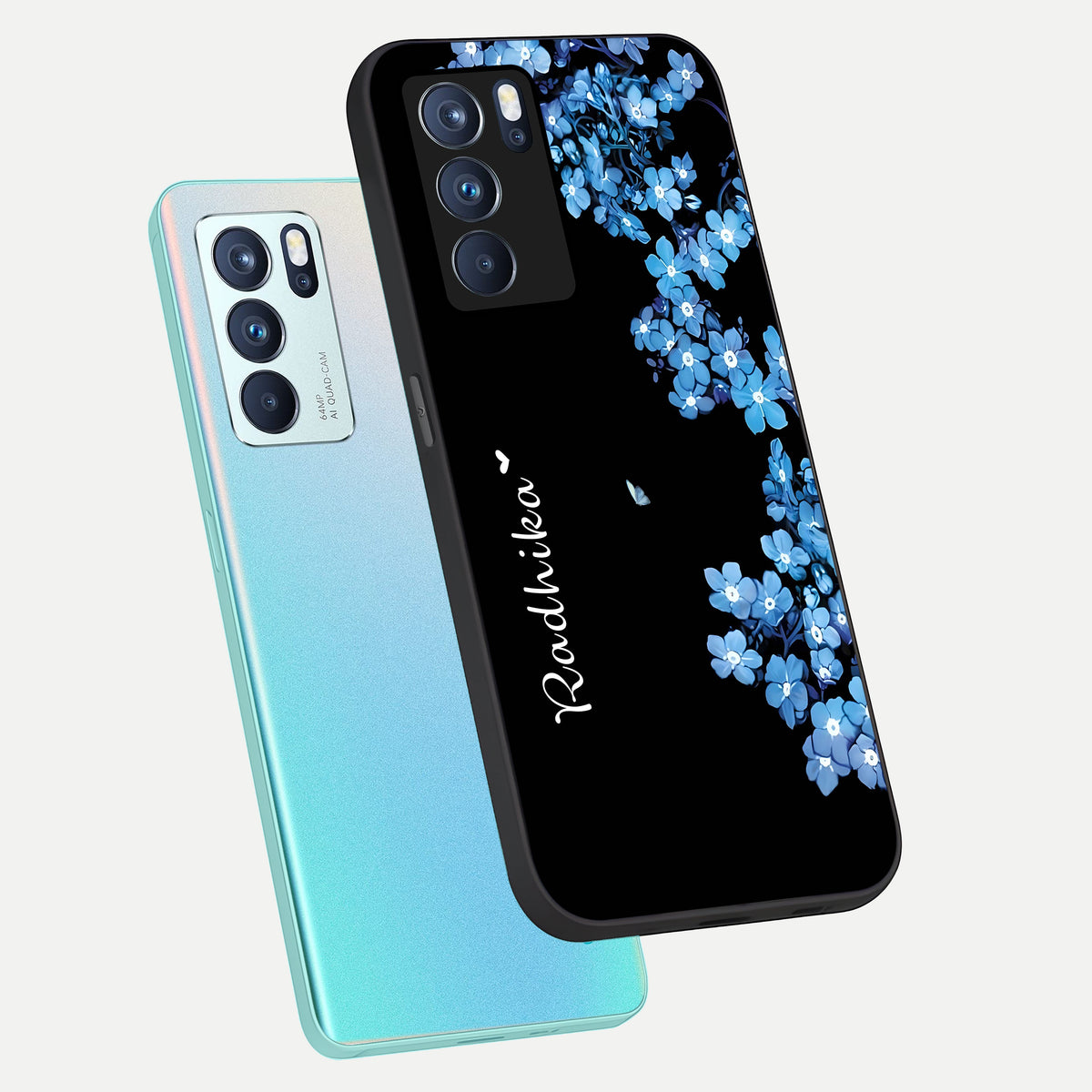  Blue Petal Dream Custom Name phone case For Oppo Reno 6 Pro showing premium glass back cover with detailed artwork