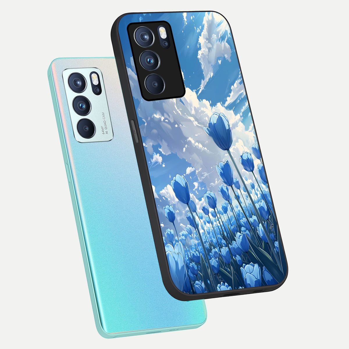  Blue Tulip Clouds phone case For Oppo Reno 6 Pro showing premium glass back cover with detailed artwork