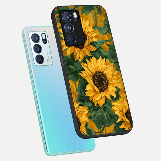  Bright Sunflower Bloom phone case For Oppo Reno 6 Pro showing premium glass back cover with detailed artwork
