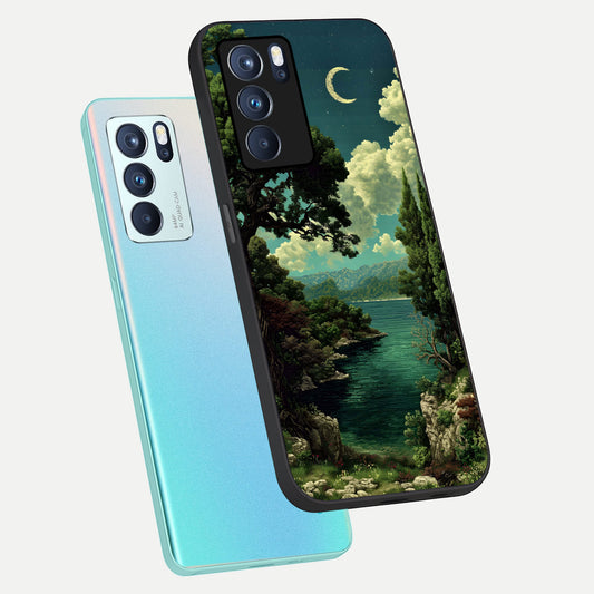  Celestial Lake Peace phone case For Oppo Reno 6 Pro showing premium glass back cover with detailed artwork
