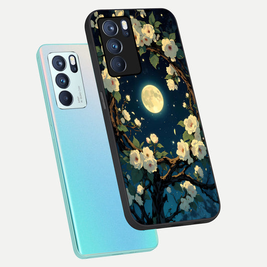  Celestial Moon And Flower phone case For Oppo Reno 6 Pro showing premium glass back cover with detailed artwork