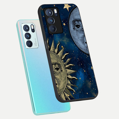  Celestial Moon With Sun phone case For Oppo Reno 6 Pro showing premium glass back cover with detailed artwork