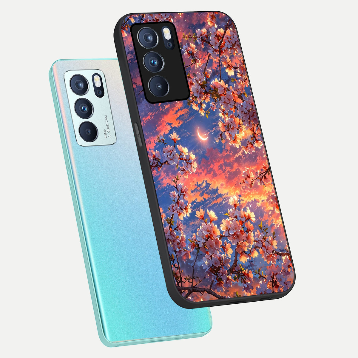  Celestial Sakura Sunset phone case For Oppo Reno 6 Pro showing premium glass back cover with detailed artwork