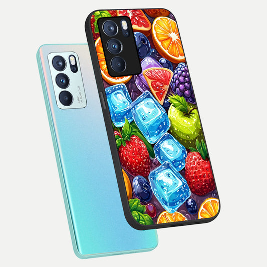 Colorful Fruits with Ice phone case For Oppo Reno 6 Pro showing premium glass back cover with detailed artwork