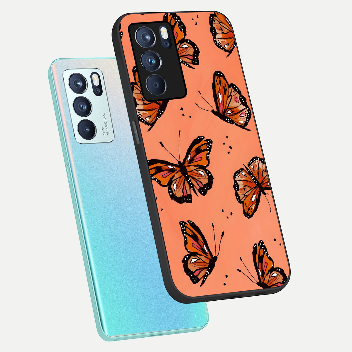  Coral Wing Butterfly phone case For Oppo Reno 6 Pro showing premium glass back cover with detailed artwork
