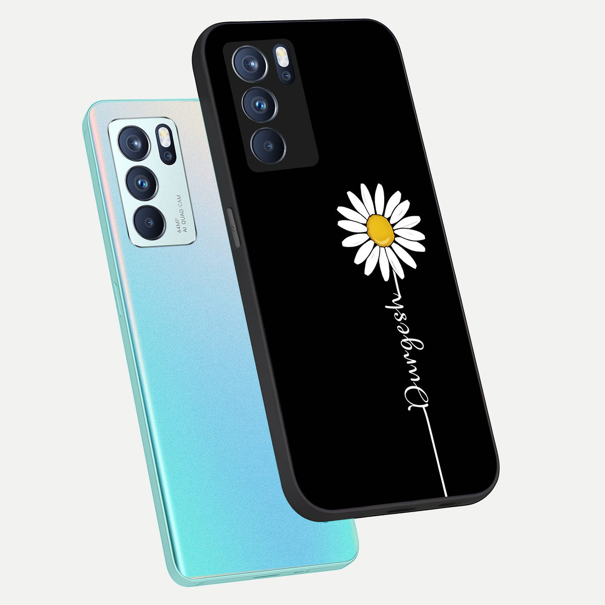  Custom Name White Flower phone case For Oppo Reno 6 Pro showing premium glass back cover with detailed artwork