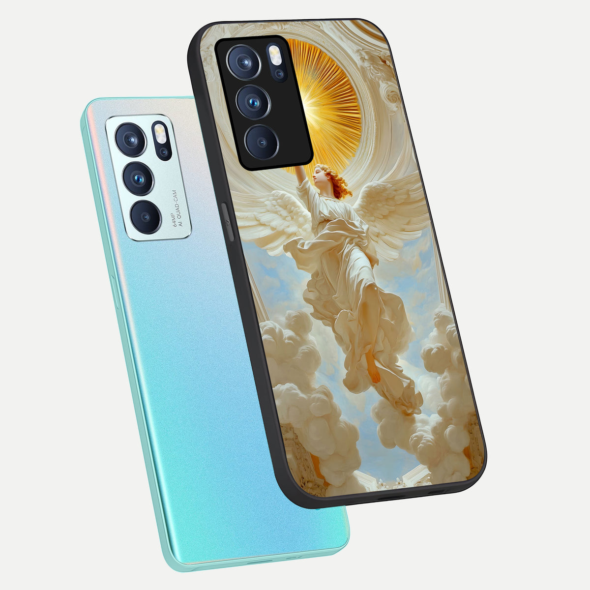  Divine Light Angel phone case For Oppo Reno 6 Pro showing premium glass back cover with detailed artwork