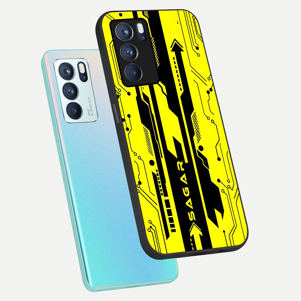  Electric Pulse CYBERPUNK Custom Name phone case For Oppo Reno 6 Pro showing premium glass back cover with detailed artwork