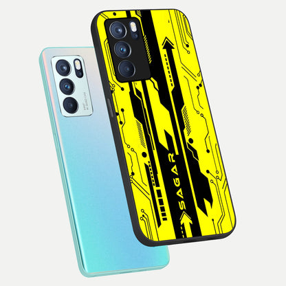  Electric Pulse CYBERPUNK Custom Name phone case For Oppo Reno 6 Pro showing premium glass back cover with detailed artwork