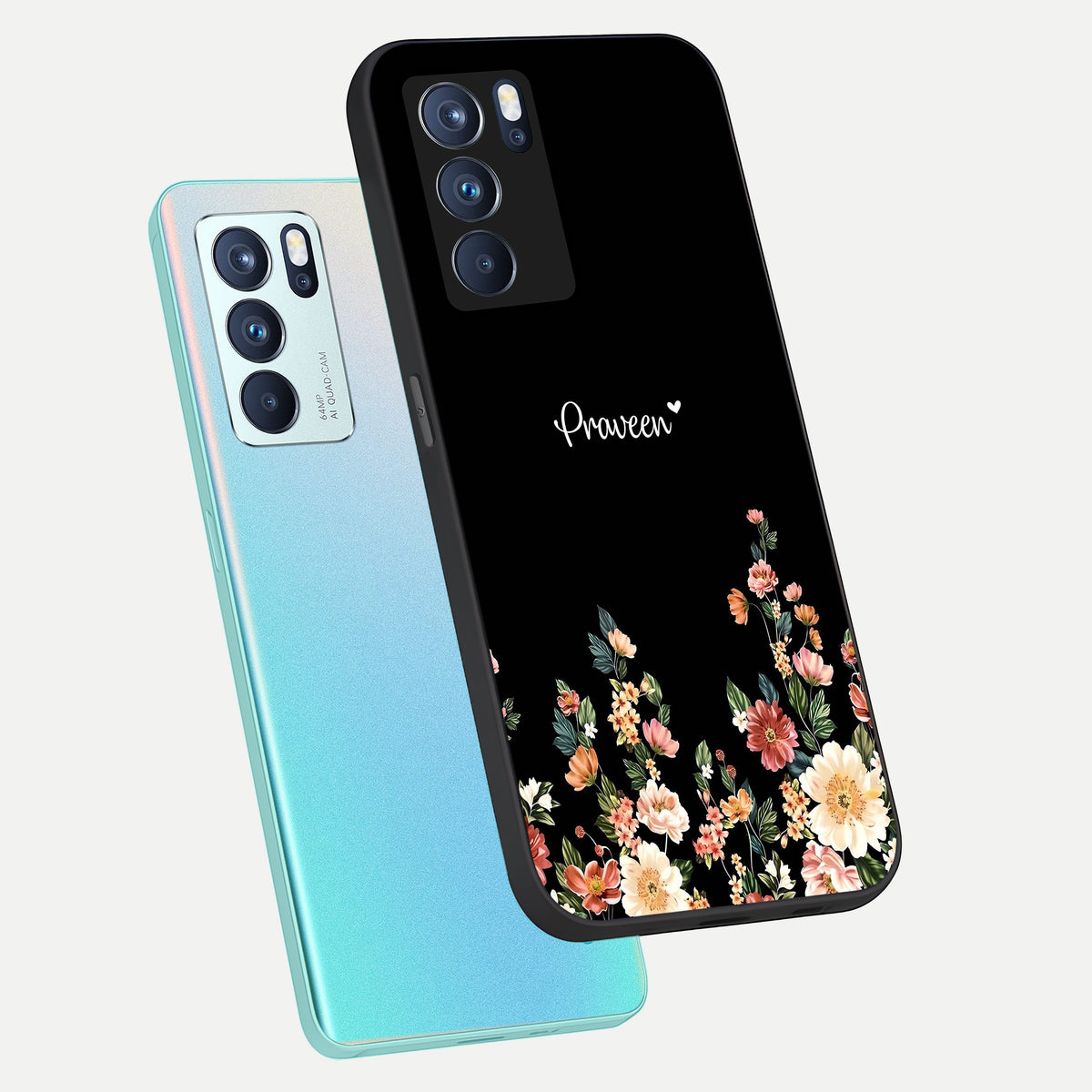  Floral Design Personalized Custom Name phone case For Oppo Reno 6 Pro showing premium glass back cover with detailed artwork