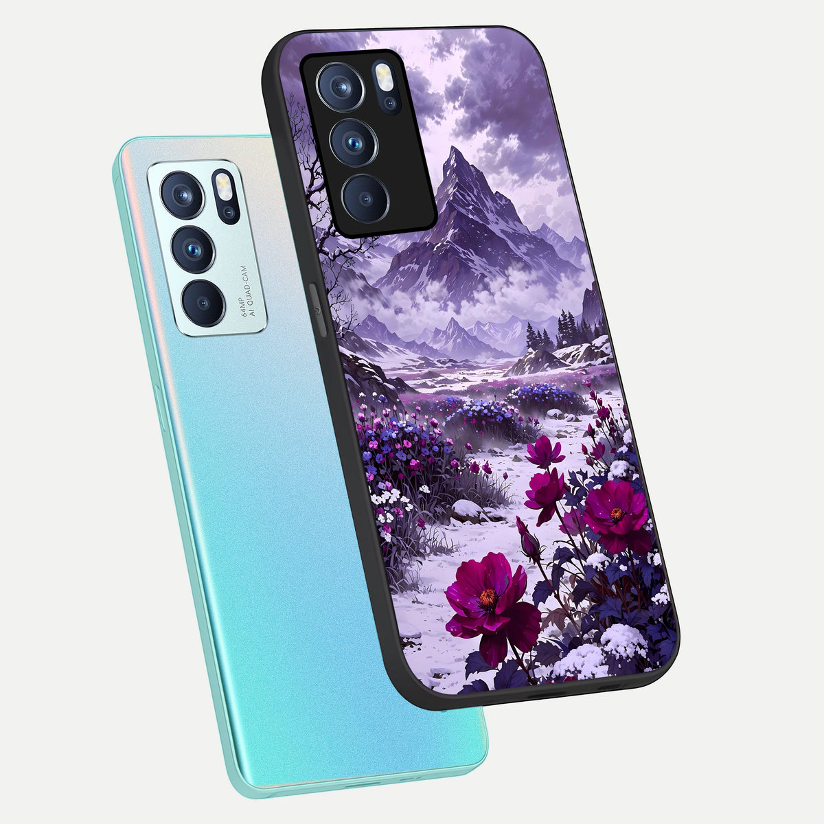  Flower Mountain View phone case For Oppo Reno 6 Pro showing premium glass back cover with detailed artwork