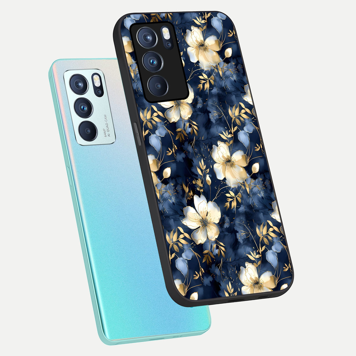  Golden Midnight Bloom phone case For Oppo Reno 6 Pro showing premium glass back cover with detailed artwork
