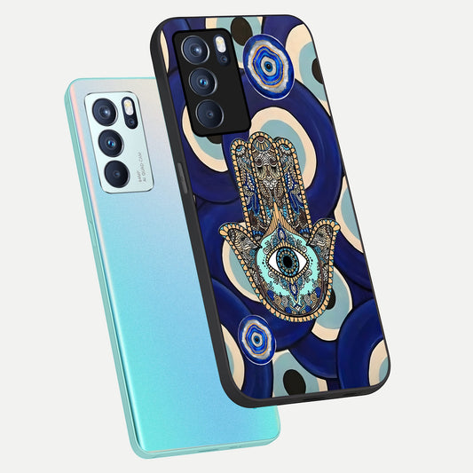  Hamsa Divine Guard phone case For Oppo Reno 6 Pro showing premium glass back cover with detailed artwork