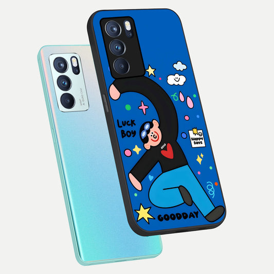  Happy Luck Vibe phone case For Oppo Reno 6 Pro showing premium glass back cover with detailed artwork