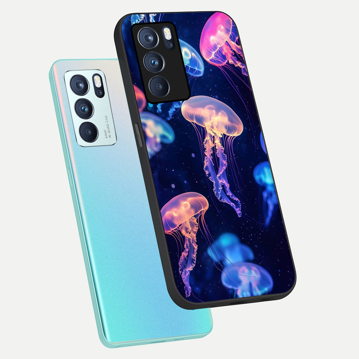  Jellyfish Pattern phone case For Oppo Reno 6 Pro showing premium glass back cover with detailed artwork