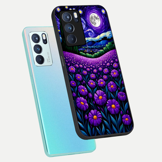  Lavender Moon Field phone case For Oppo Reno 6 Pro showing premium glass back cover with detailed artwork
