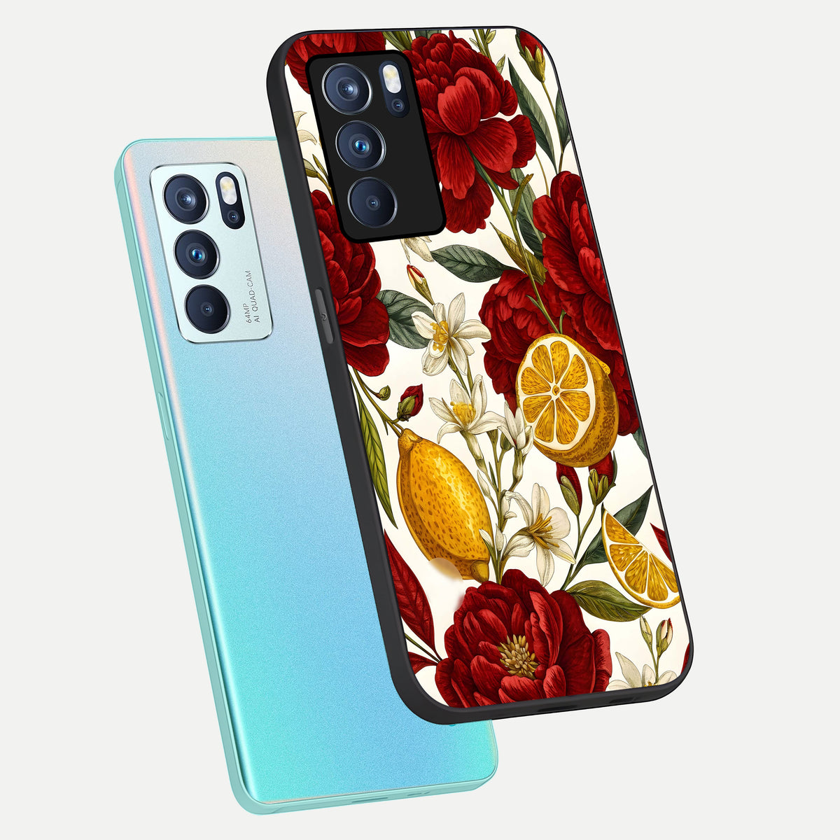  Lemon Rose Charm phone case For Oppo Reno 6 Pro showing premium glass back cover with detailed artwork