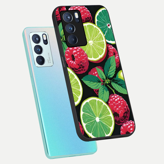 Lime and Raspberry Pattern phone case For Oppo Reno 6 Pro showing premium glass back cover with detailed artwork