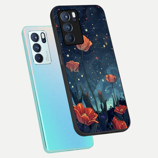  Midnight Tulip Glow phone case For Oppo Reno 6 Pro showing premium glass back cover with detailed artwork